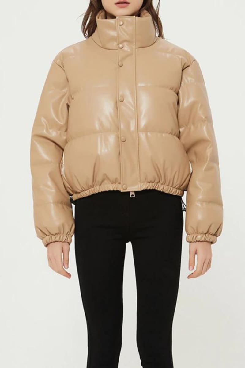 Beige Puffer Windbreaker Faux Leather Crop Jacket Coats & Jackets