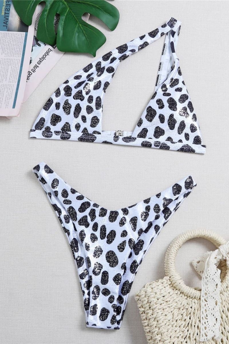 Black Cow Print One Shoulder Cut Out Bikini Bikini