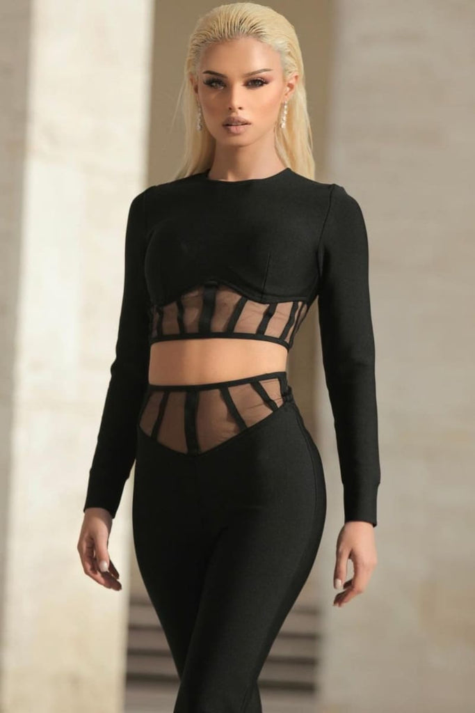 high waisted dress pants and crop top Knit Crop Top and High Waist Pants Set, Black / Medium