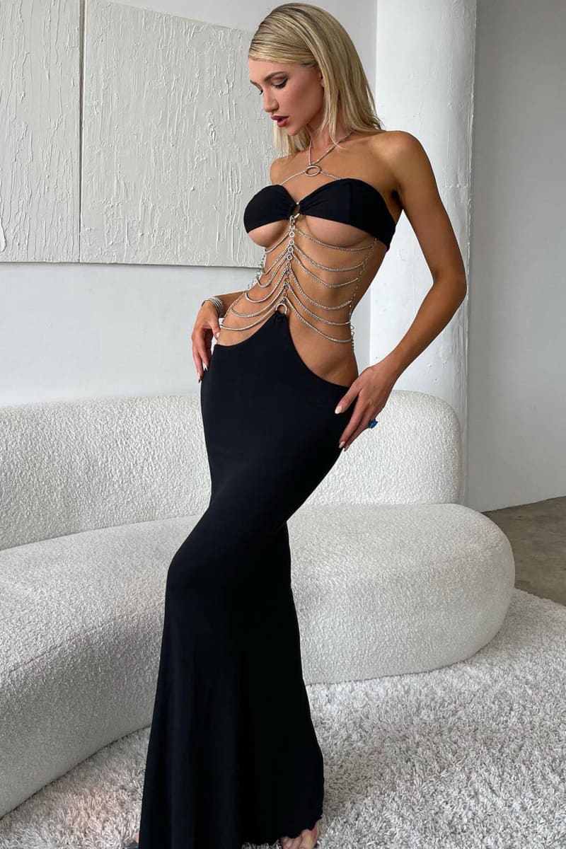 Black Cut Out Chain Bandeau Maxi Dress Black / XS Black Cut Out Chain Bandeau Maxi Dress Black / XS