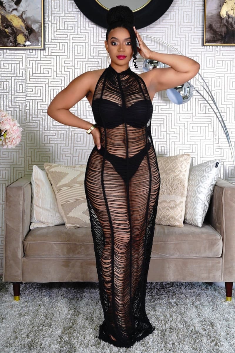 Black Distressed Halter Crochet Beach Cover Up Maxi Dress IRHAZ Black Distressed Halter Crochet Beach Cover Up Maxi Dress IRHAZ