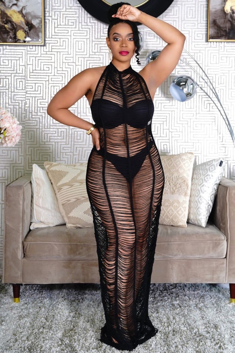 Black Distressed Halter Crochet Beach Cover Up Maxi Dress IRHAZ Black Distressed Halter Crochet Beach Cover Up Maxi Dress IRHAZ