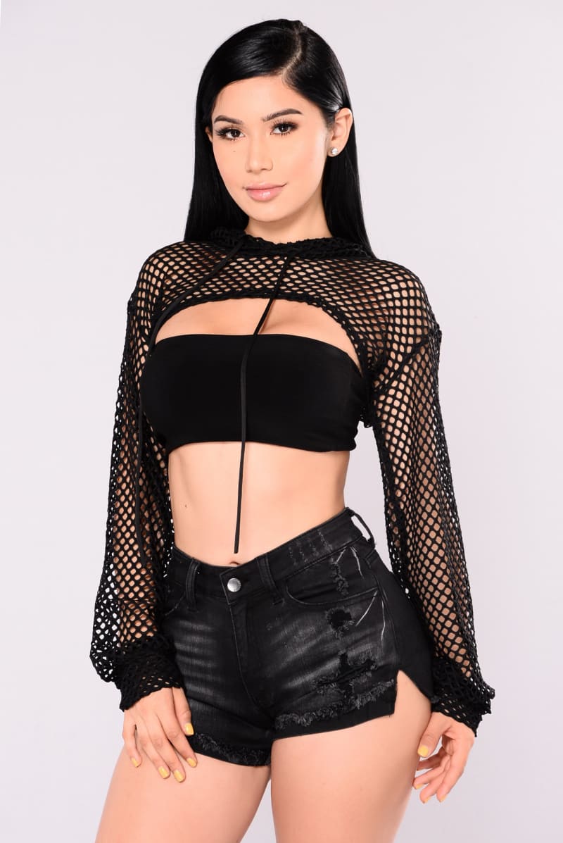 crop hoodie and fish net Black Fishnet Long Sleeve Shrug Crop Top