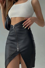Black High Waisted Front Zipper Asymmetrical Leather Skirt