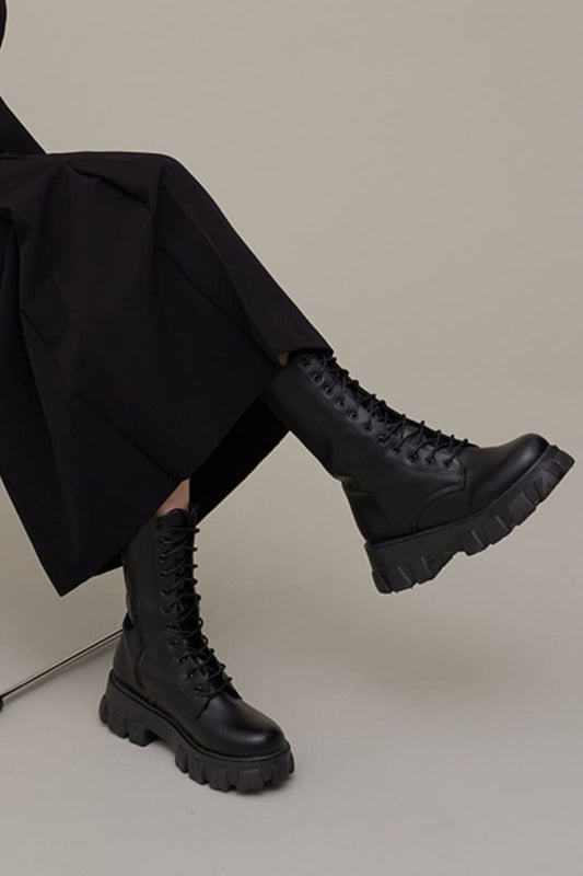 Black Lace Up Mid Calf Boots Shoes