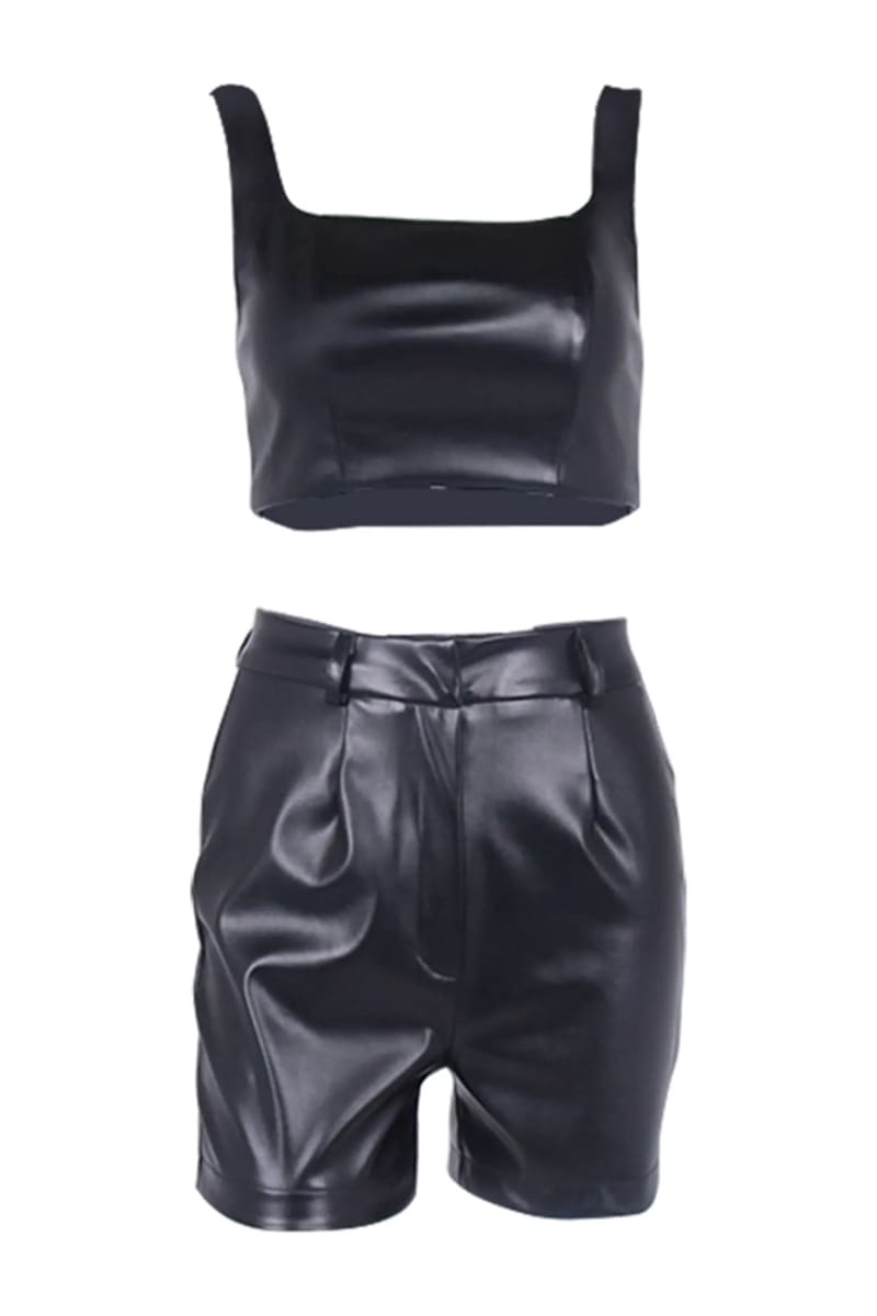 Black Leather High Waisted Shorts & Crop Top Set