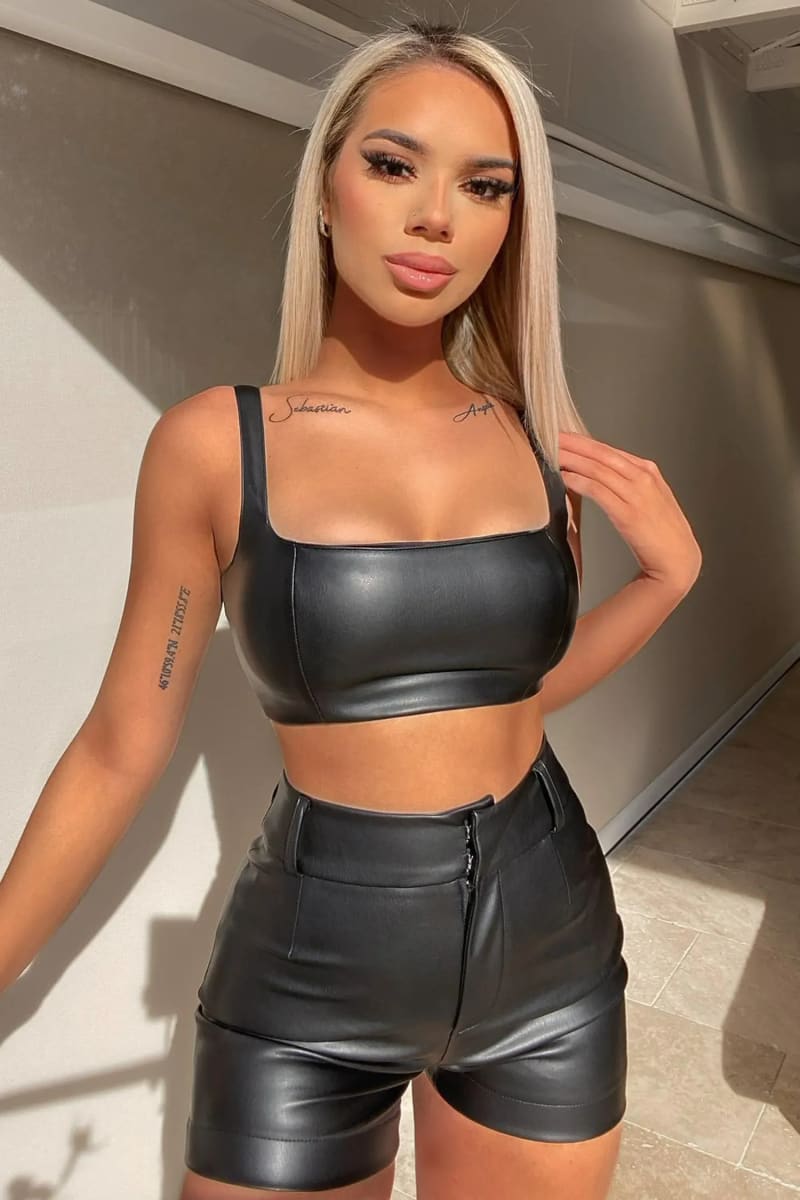 Black Leather High Waisted Shorts & Crop Top Set