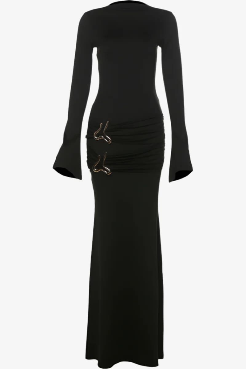 Black Long Flare Sleeve Ring Maxi Dress Dress