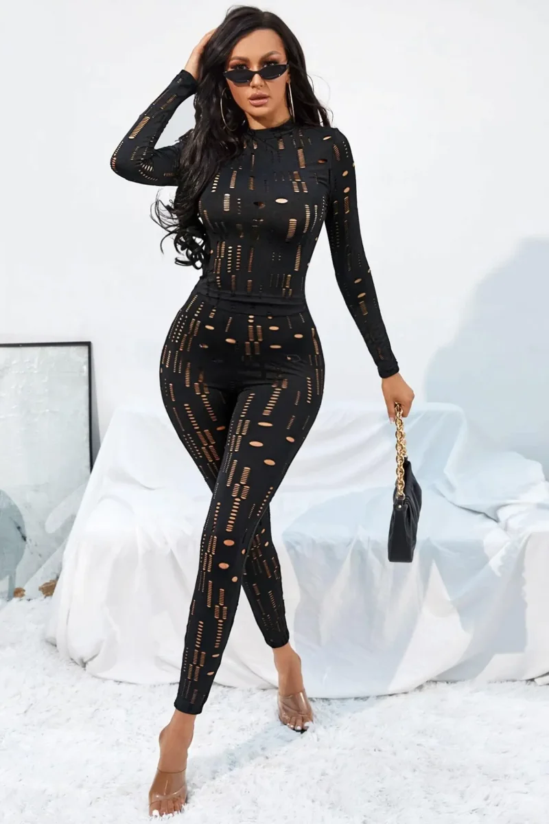 Black Long Sleeve Cut Out Top & Ripped Leggings Set / M Outfit Sets
