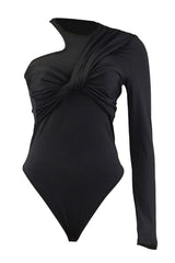 Black Long Sleeve One Shoulder Twist Bodysuit