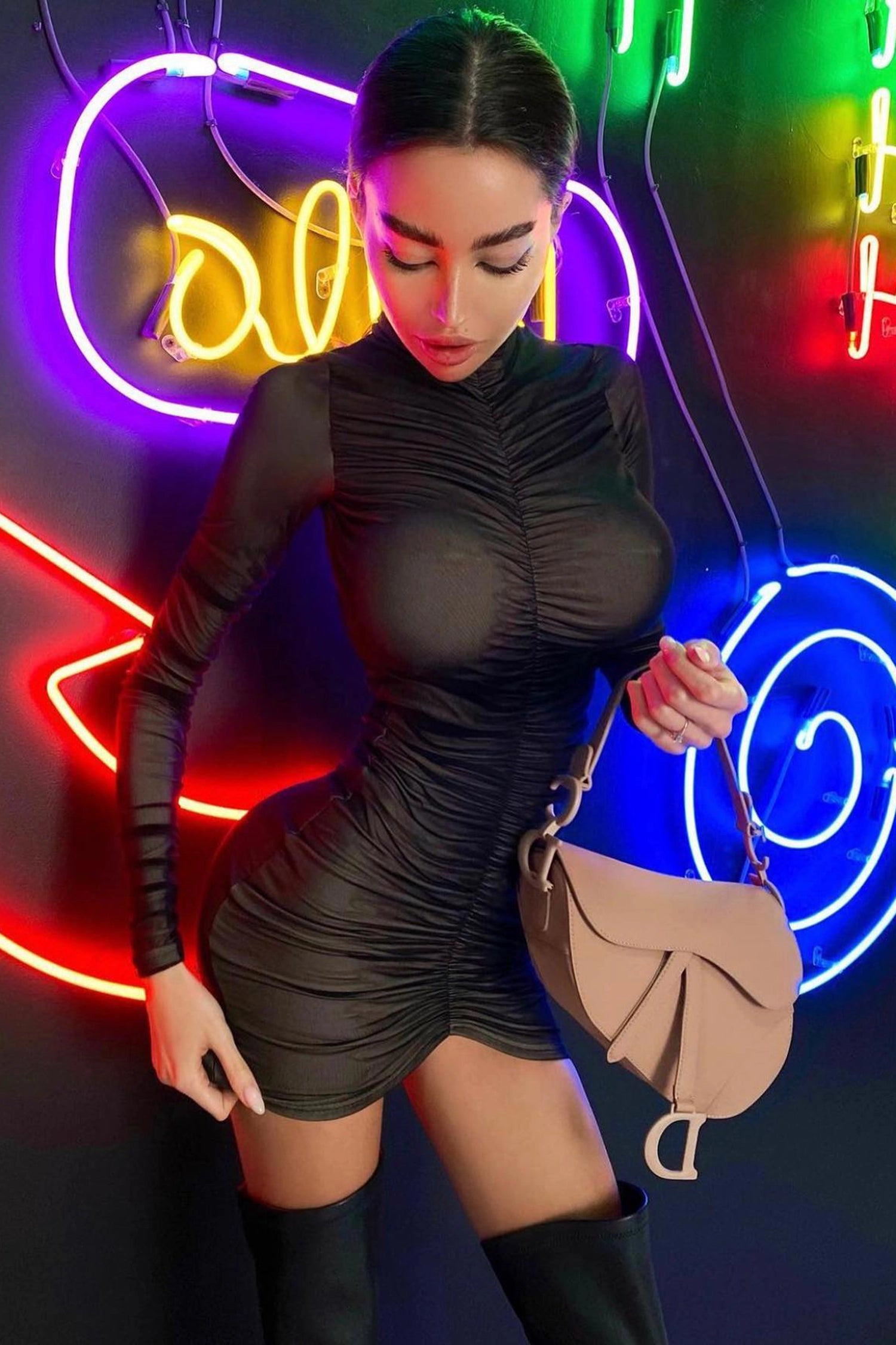 Irhaz Long Sleeve Turtleneck Leather Dress