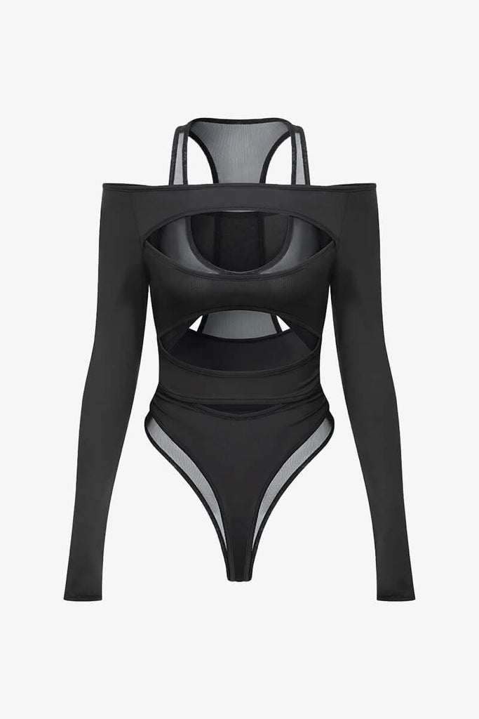 Black Off Shoulder Cutout Mesh Bodysuit  IRHAZ