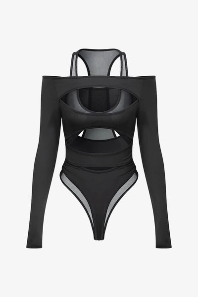 bodysuit dress with mesh overlay Black Off Shoulder Cutout Mesh Bodysuit – IRHAZ
