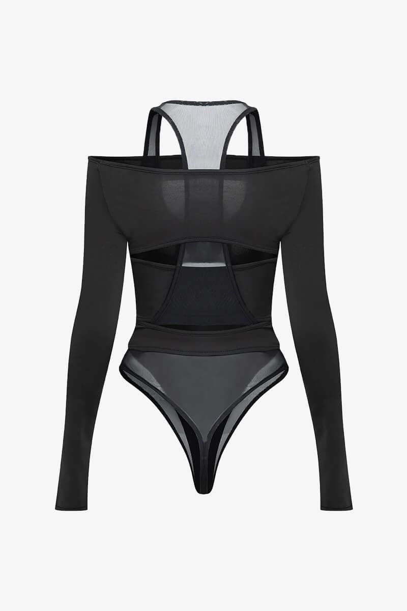 Black Off Shoulder Cutout Mesh Bodysuit IRHAZ Black Off Shoulder Cutout Mesh Bodysuit IRHAZ