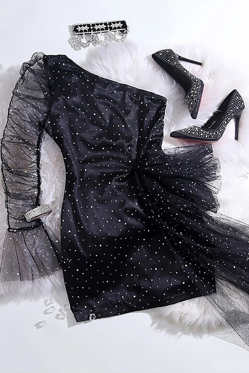 Black One Shoulder Draped Rhinestone Mini Dress IRHAZ Black One Shoulder Draped Rhinestone Mini Dress IRHAZ