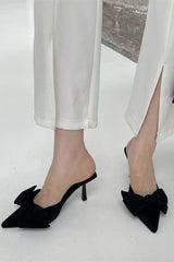 Black Pointed Toe Bow Tie Kitten Heels Mule Shoes