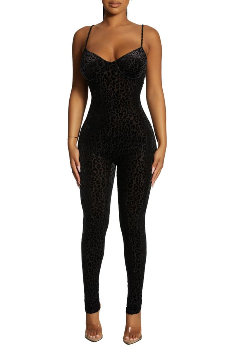 Black See Through Mesh Leopard Print Velvet Jumpsuit Jumpsuits & Rompers