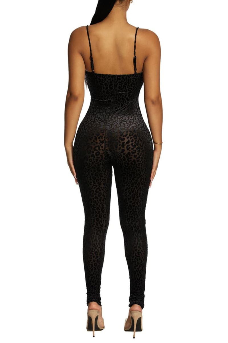 Black See Through Mesh Leopard Print Velvet Jumpsuit Jumpsuits & Rompers