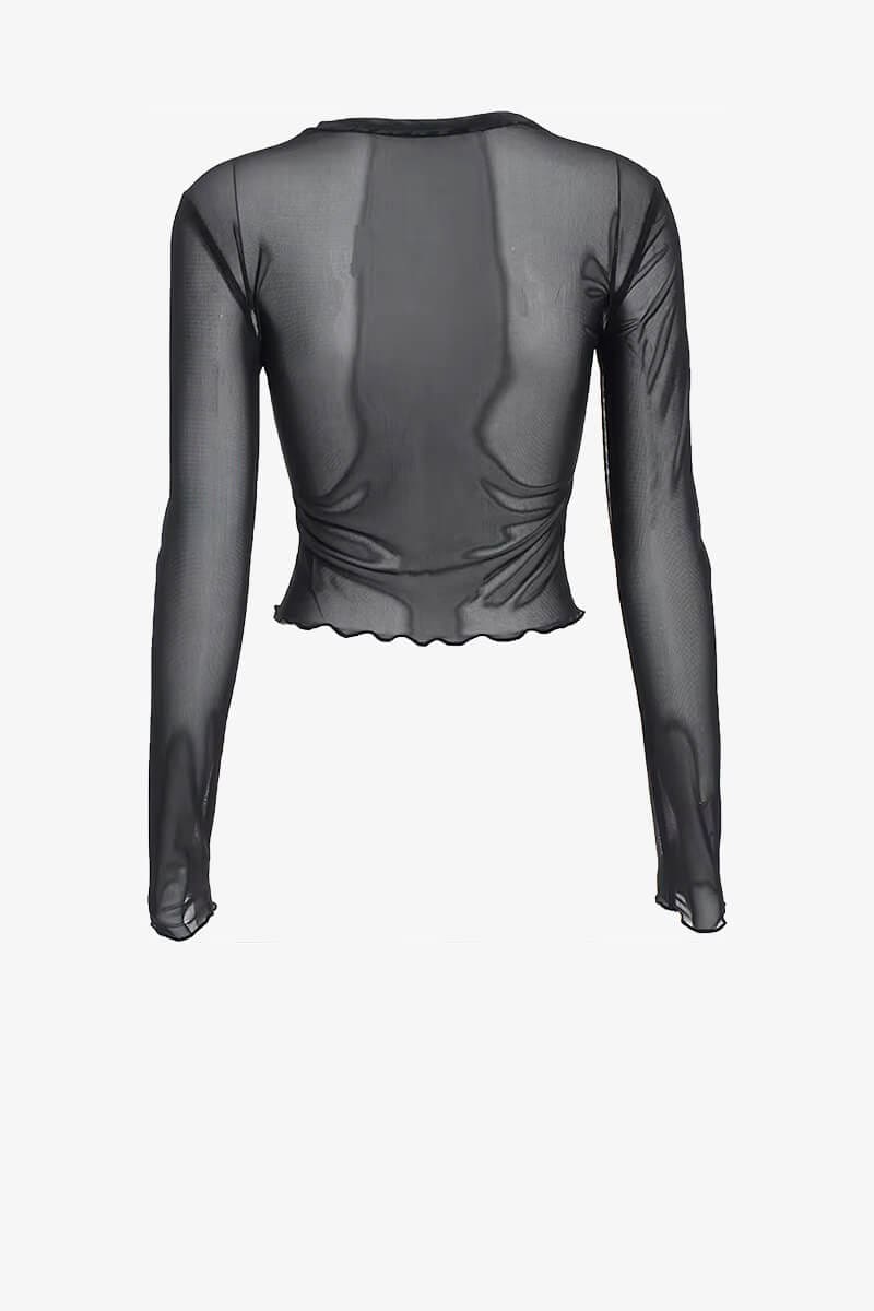 Black Sheer Print Long Sleeve Crop Top