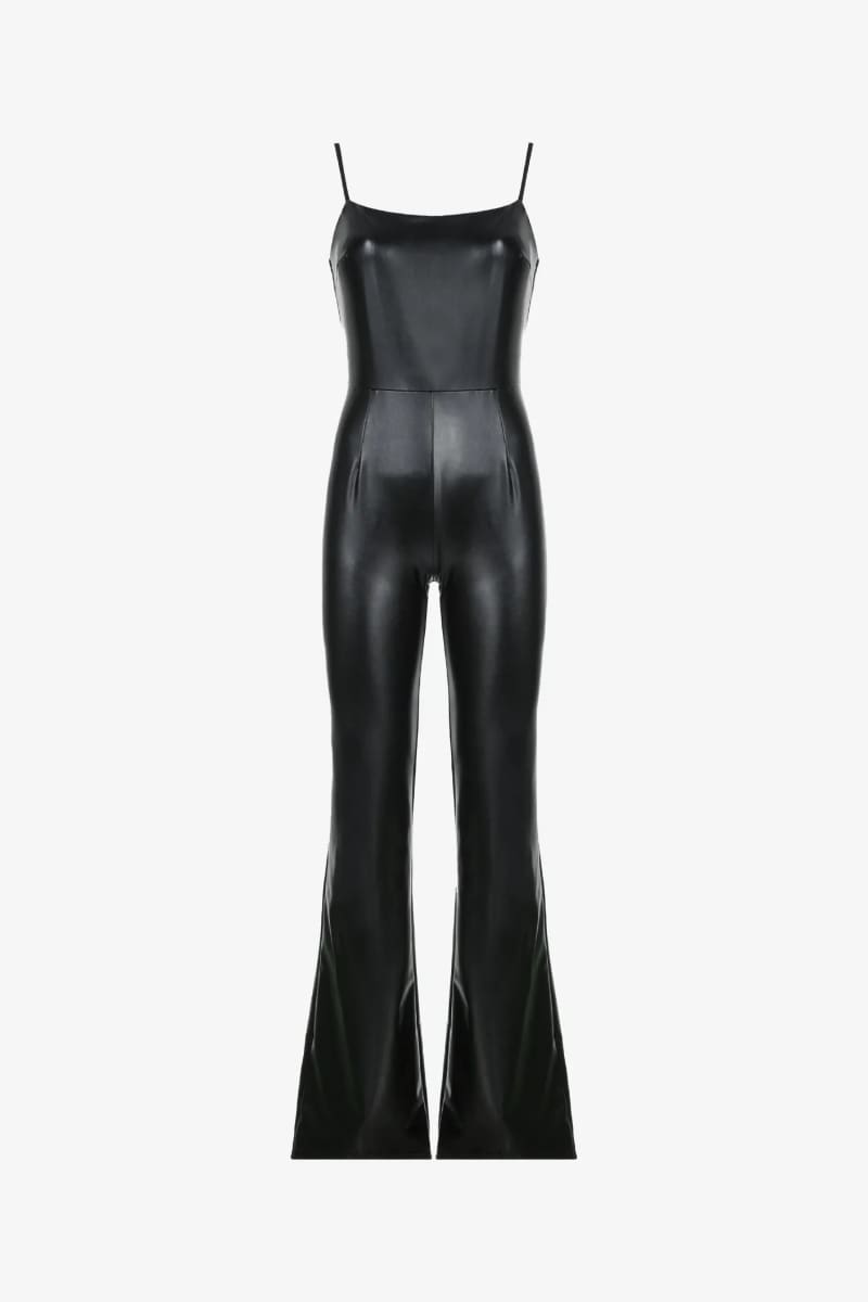 Black Sleeveless Bell Bottom Leather Jumpsuit