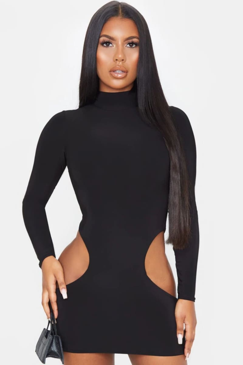 Black Turtleneck Hip Cut Out Short Dress IRHAZ Black Turtleneck Hip Cut Out Short Dress IRHAZ