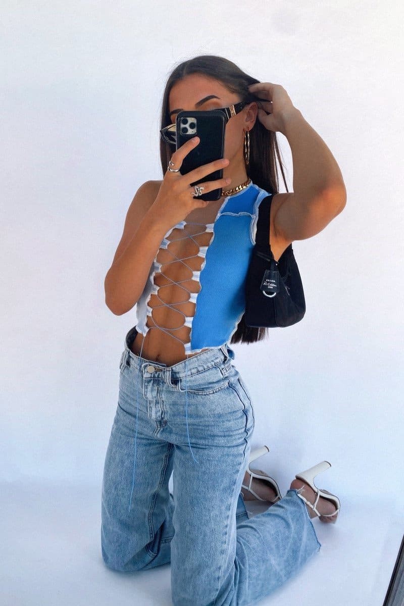 Blue Color Block Stitch Crop Top Top