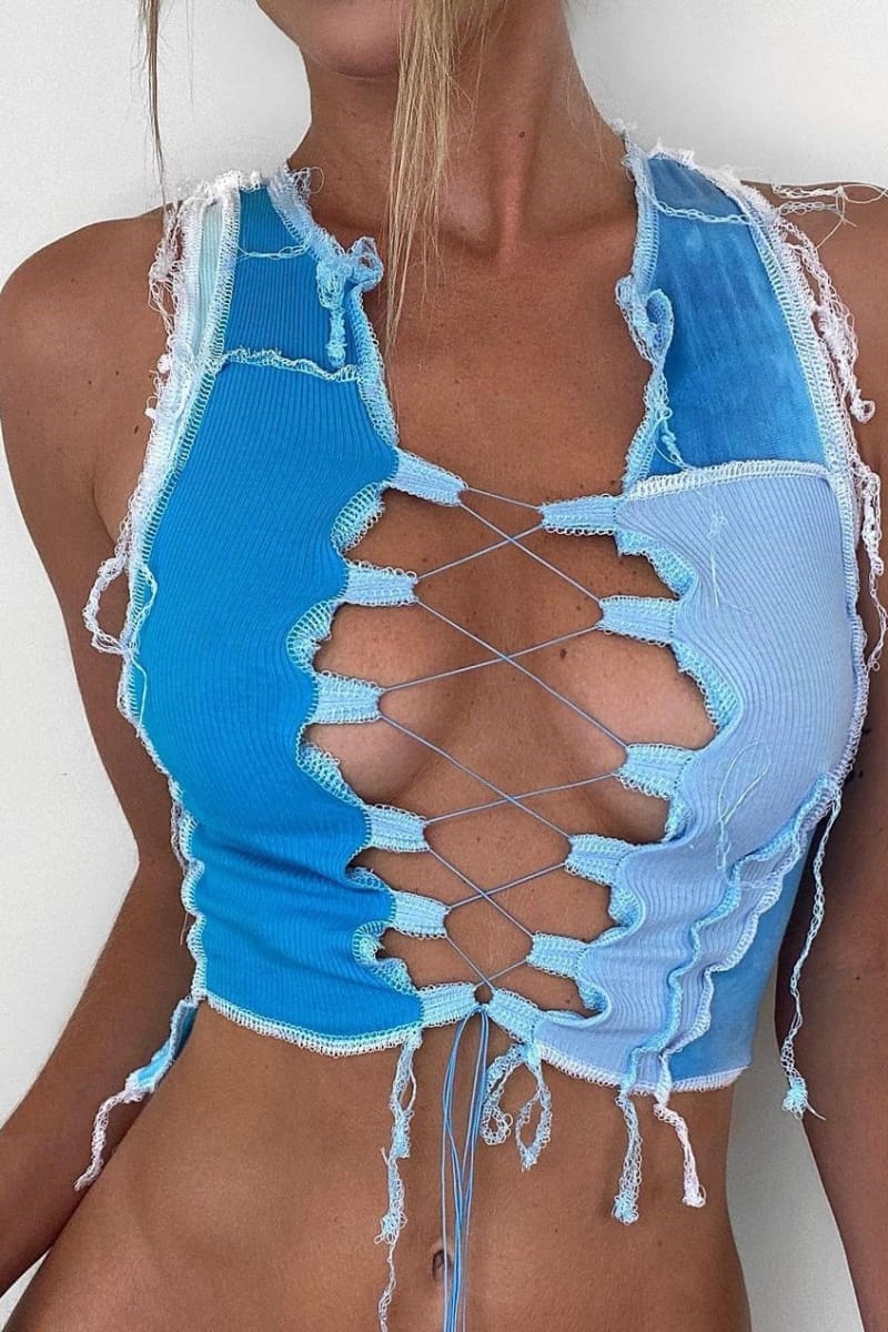 Blue Color Block Stitch Crop Top Top