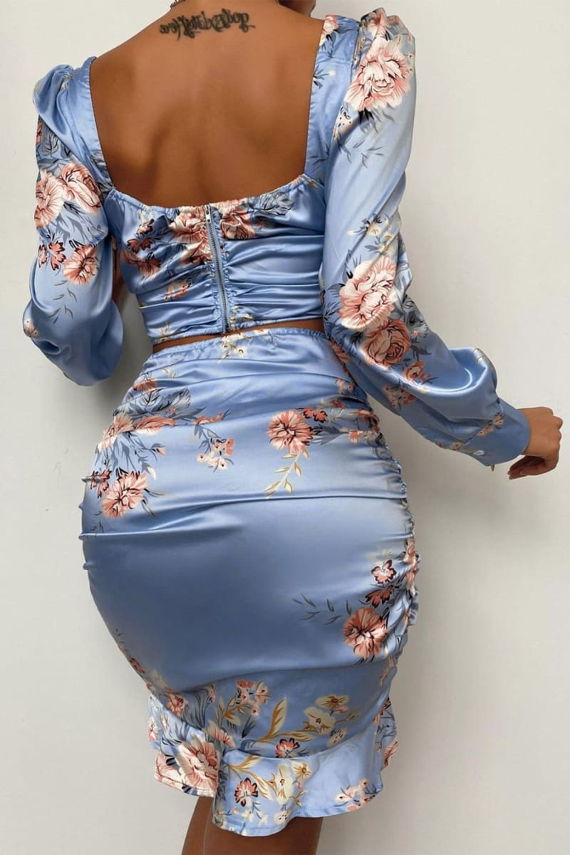 blue floral two piece dress Ruffle Printed High-Waist Two-Piece Set Ocean Slate / XL