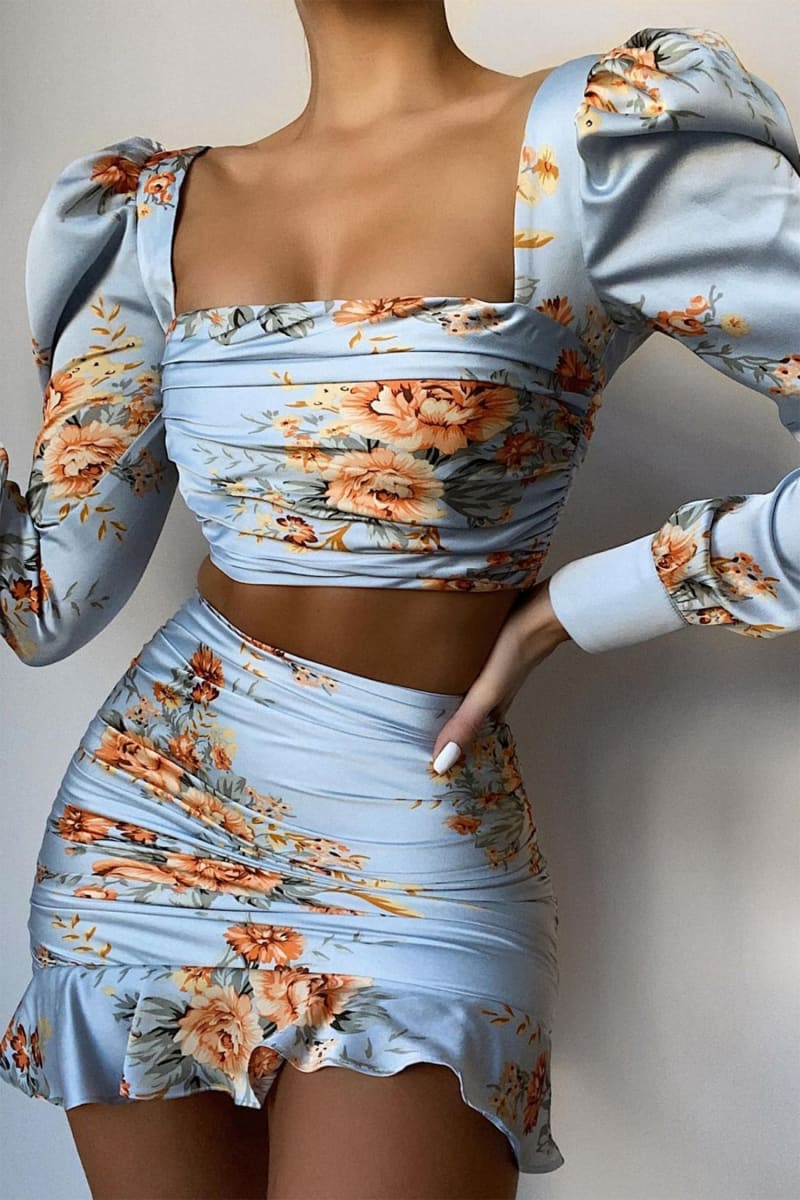 Blue Floral Print Satin Ruffle Two Piece Dress XL / Blue Blue Floral Print Satin Ruffle Two Piece Dress XL / Blue