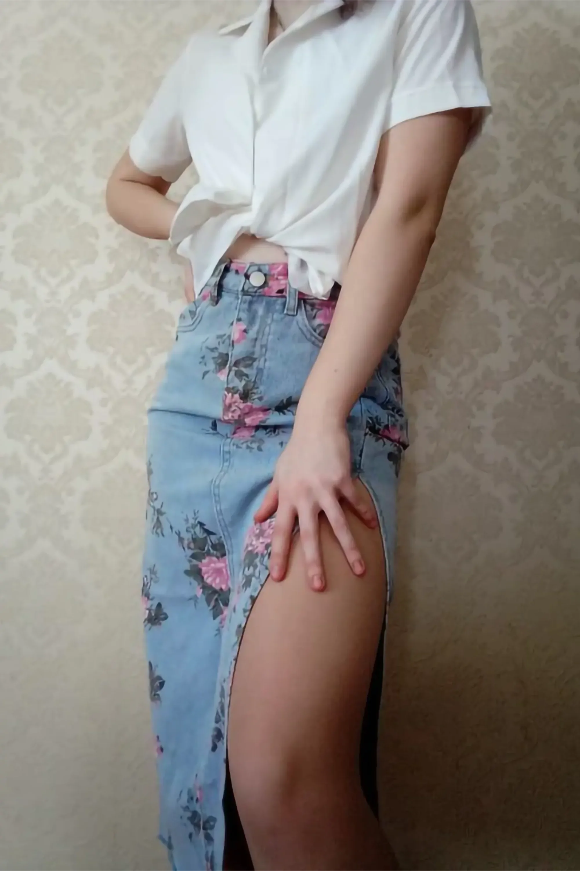 Blue High Waisted Floral Print Split Jean Midi Skirt / S Skirts
