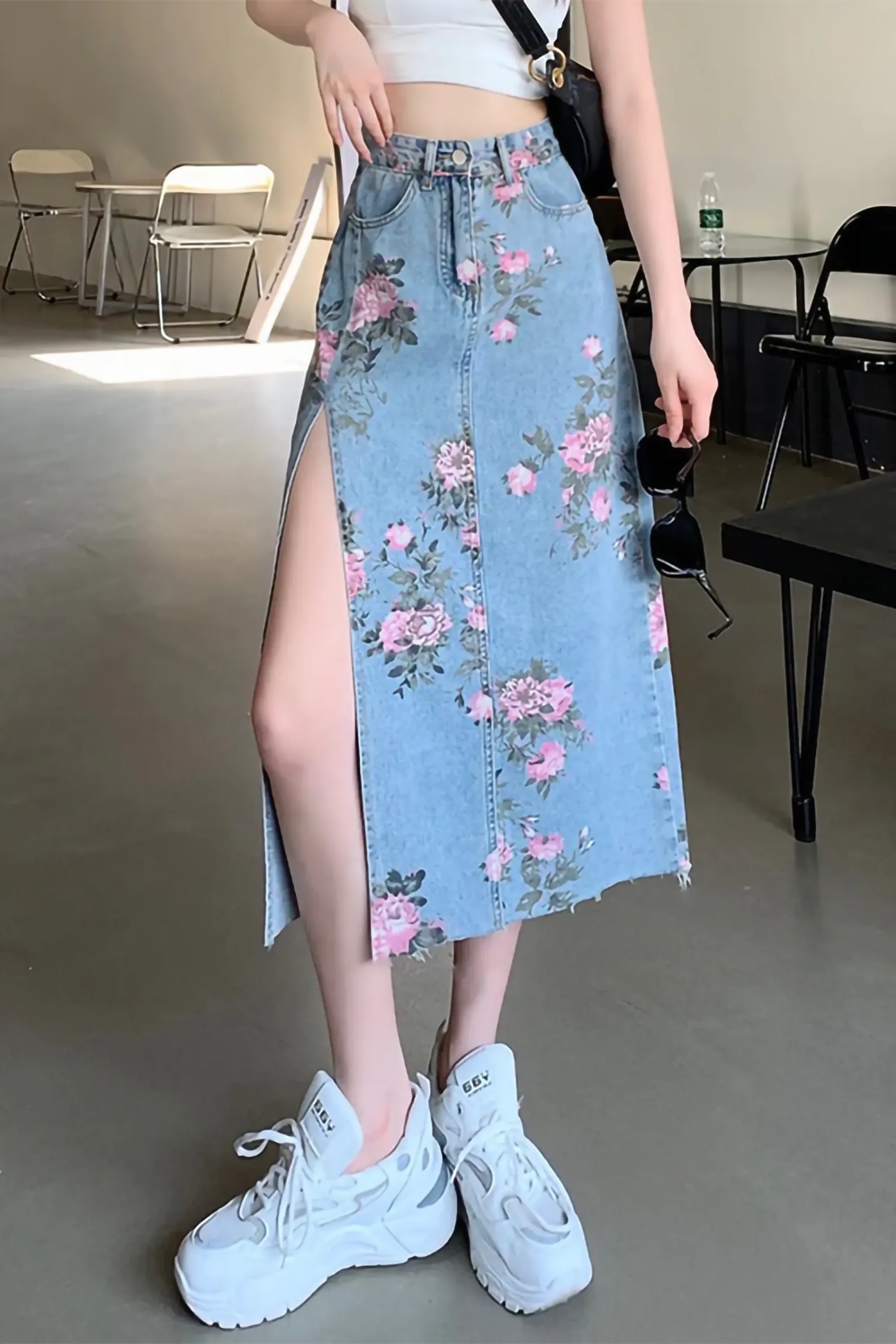 Blue High Waisted Floral Print Split Jean Midi Skirt Skirts