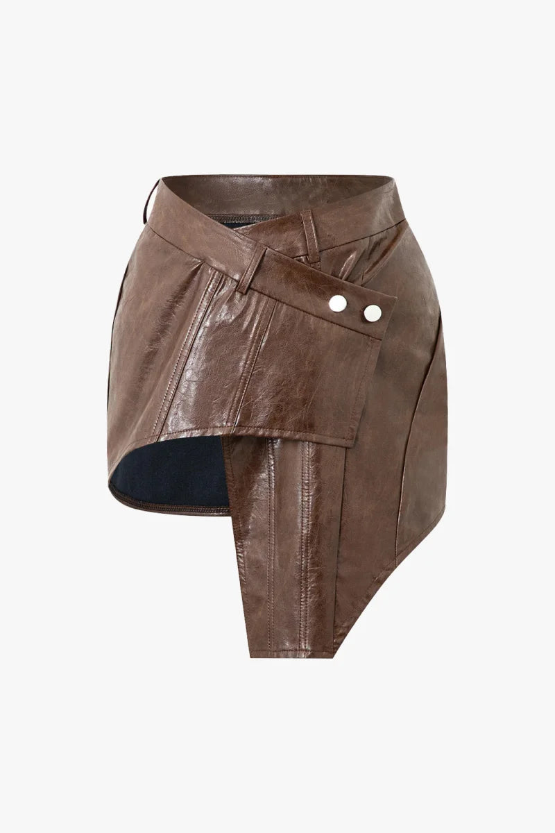 Brown Asymmetrical Leather Mini Skirt / Xs