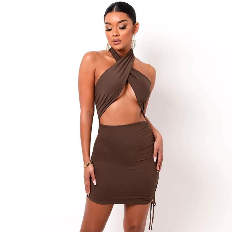Brown Halter Wrap Ruched Cutout Mini Dress | IRHAZ Brown Halter Wrap Ruched Cutout Mini Dress | IRHAZ
