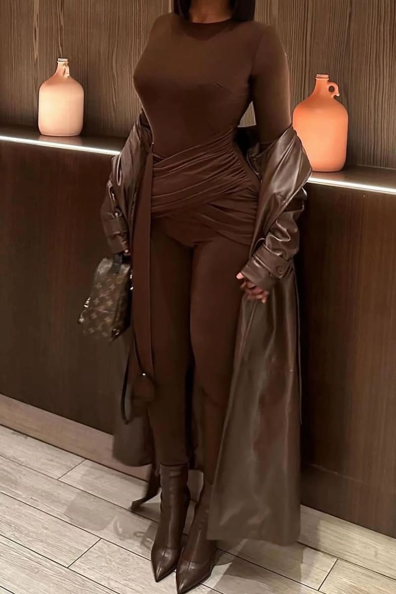 Brown Long Sleeve Wrap Jumpsuit Jumpsuits & Rompers