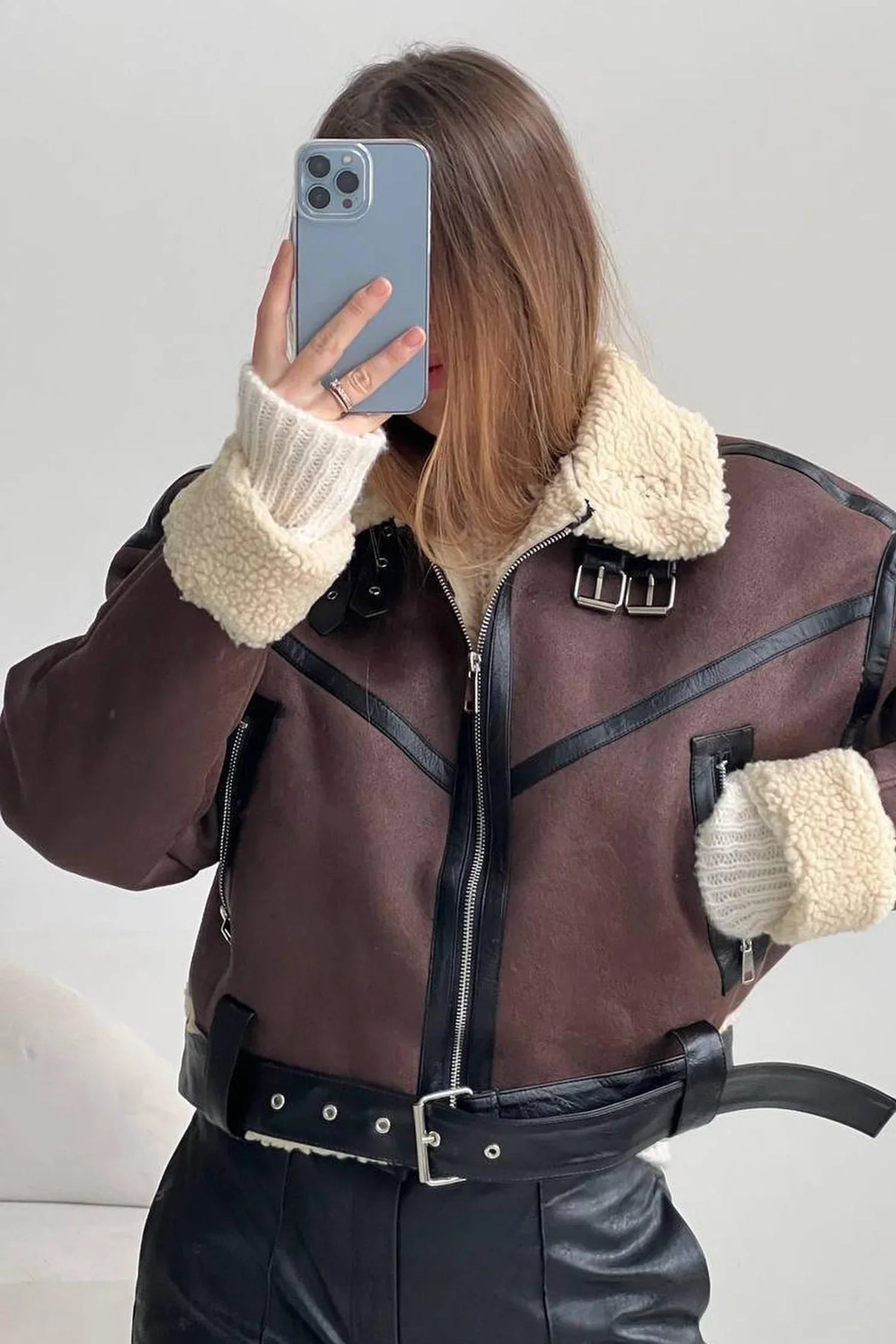 Brown Shearling Lining Aviator Leather Jacket