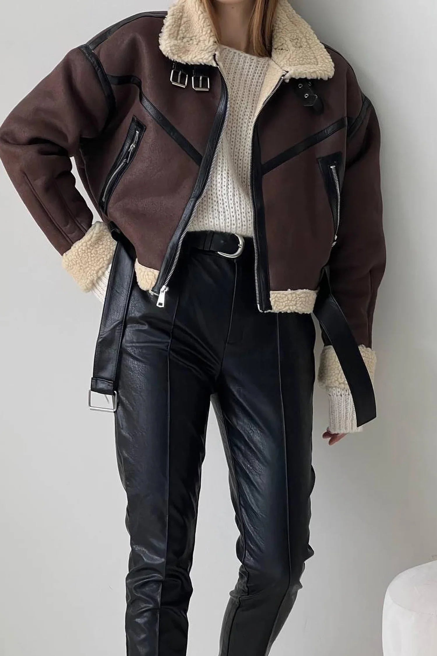Brown Shearling Lining Aviator Leather Jacket / Xs