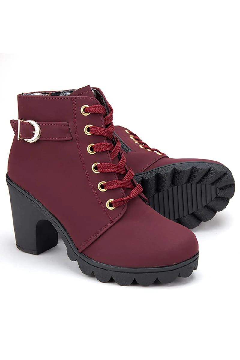 Burgundy Lace-Up High Heel Ankle Boots