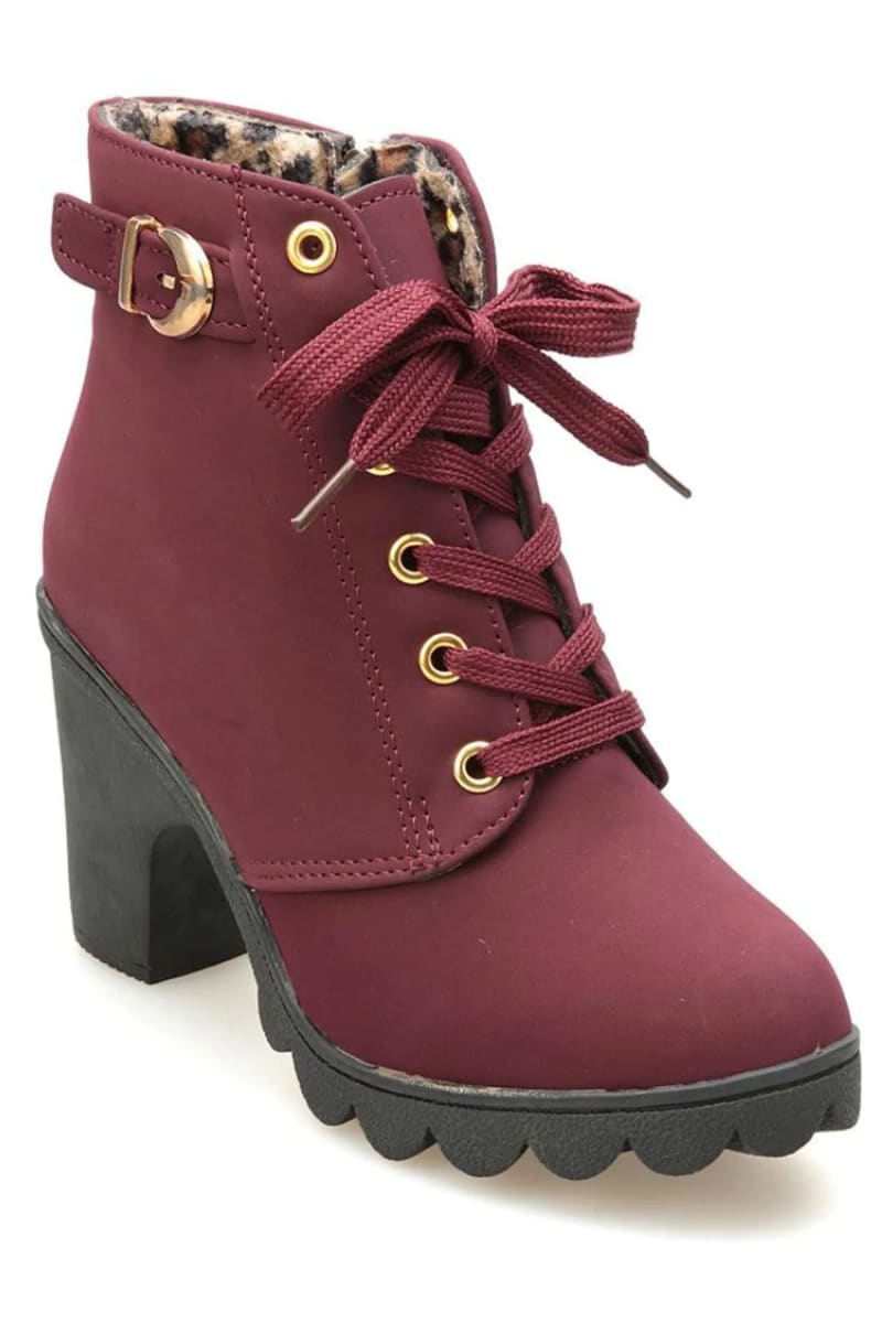 Burgundy Lace-Up High Heel Ankle Boots