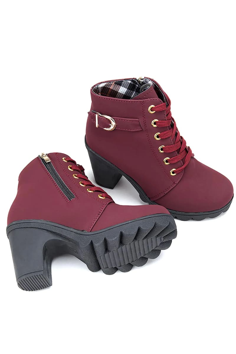 Burgundy Lace-Up High Heel Ankle Boots