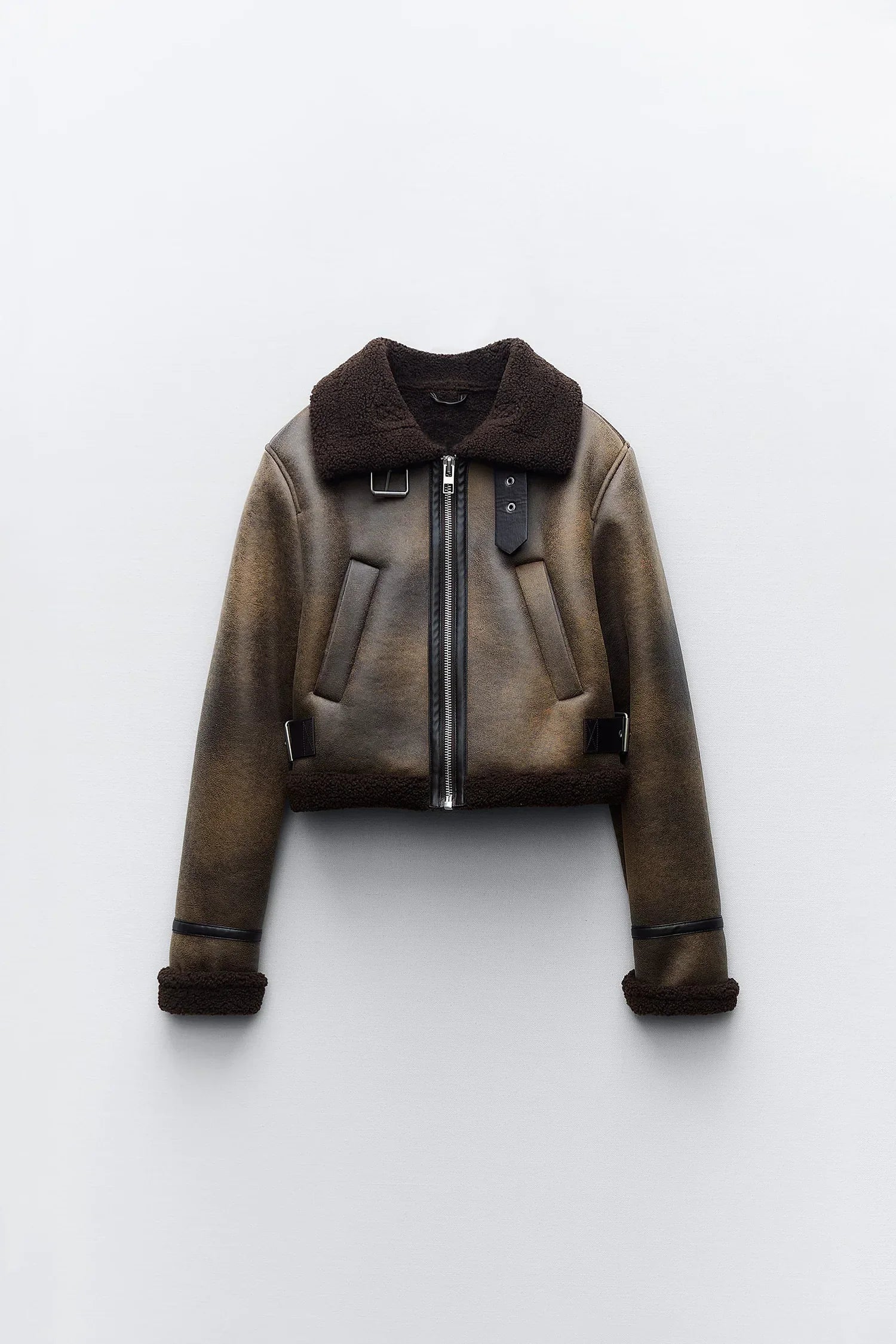 Cropped Brown Leather Shearling Jacket Dark / Xs