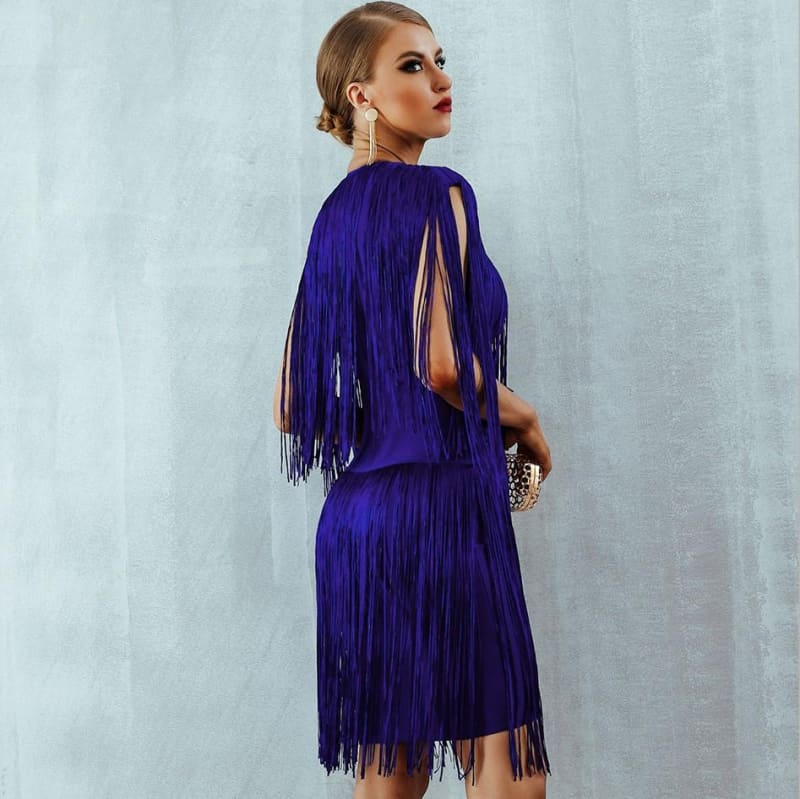 Fringe Zipper Detail Tassel Blue Mini Dress