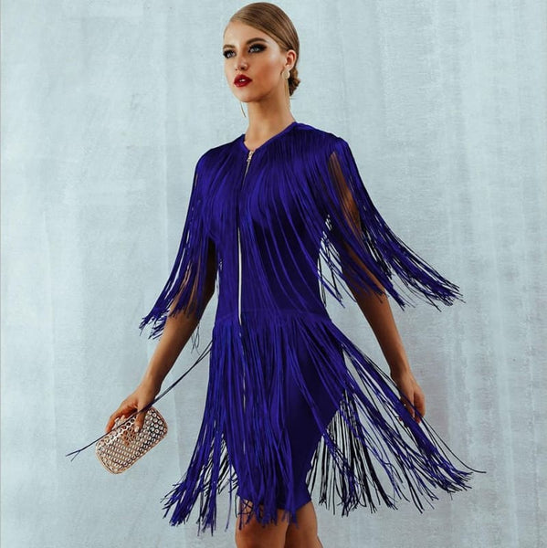 Fringe Zipper Detail Tassel Blue Mini Dress - IRHAZ Fringe Zipper Detail Tassel Blue Mini Dress - IRHAZ