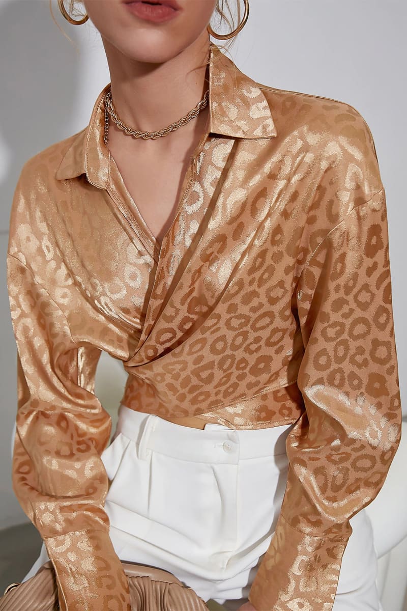 Gold Leopard Print Satin Wrap Crop Shirt Shirts & Tops