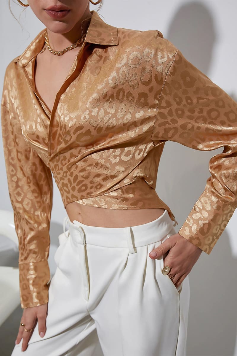 Gold Leopard Print Satin Wrap Crop Shirt Shirts & Tops