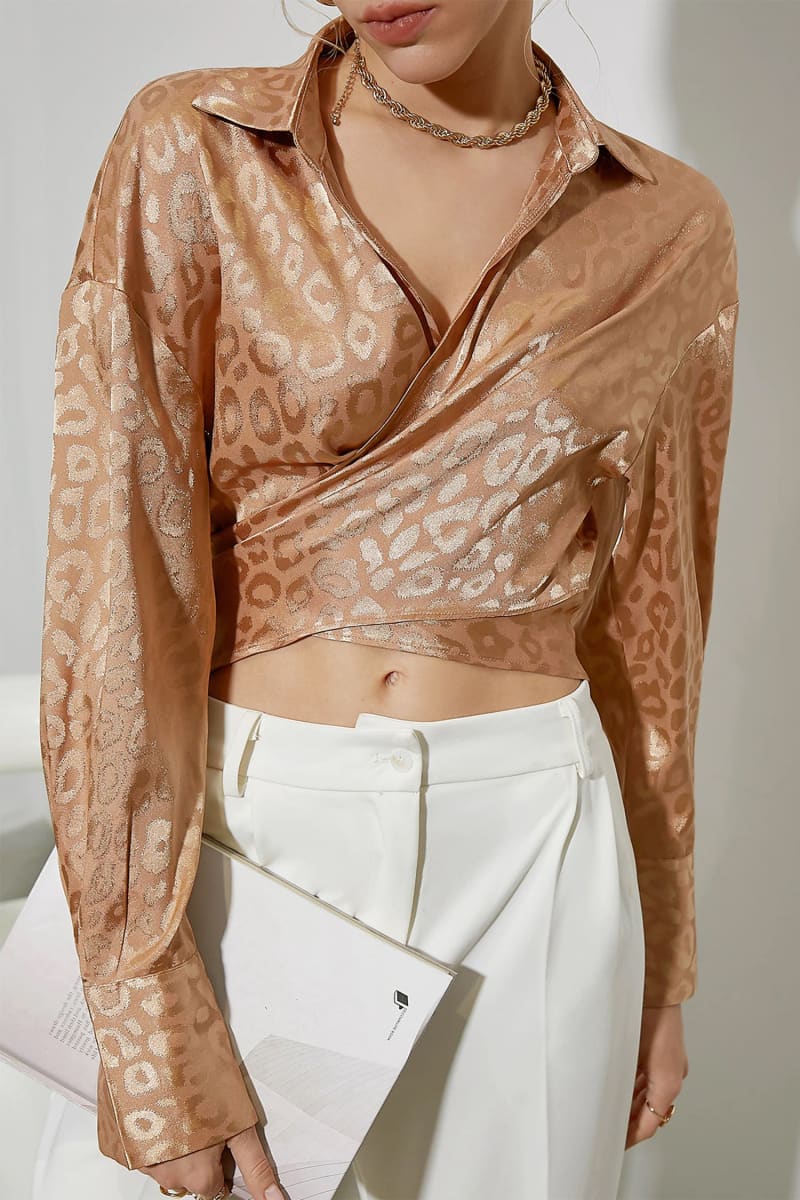 Gold Leopard Print Satin Wrap Crop Shirt Shirts & Tops