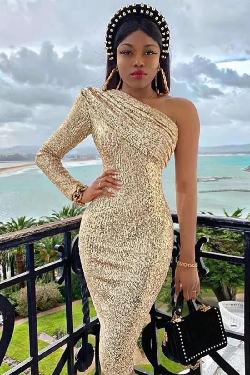 Gold Ruched One Shoulder Sequin Midi Dress Dresses