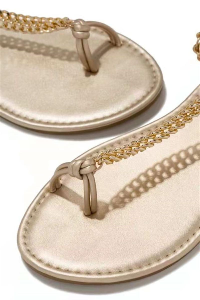 Gold Woven Ankle Straps Chain Flat Sandals Shoes