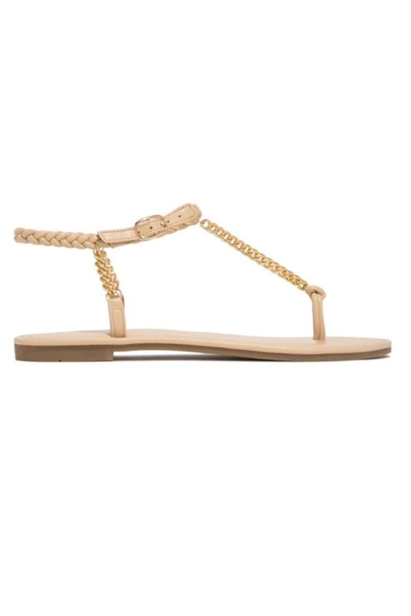 Gold Woven Ankle Straps Chain Flat Sandals Shoes