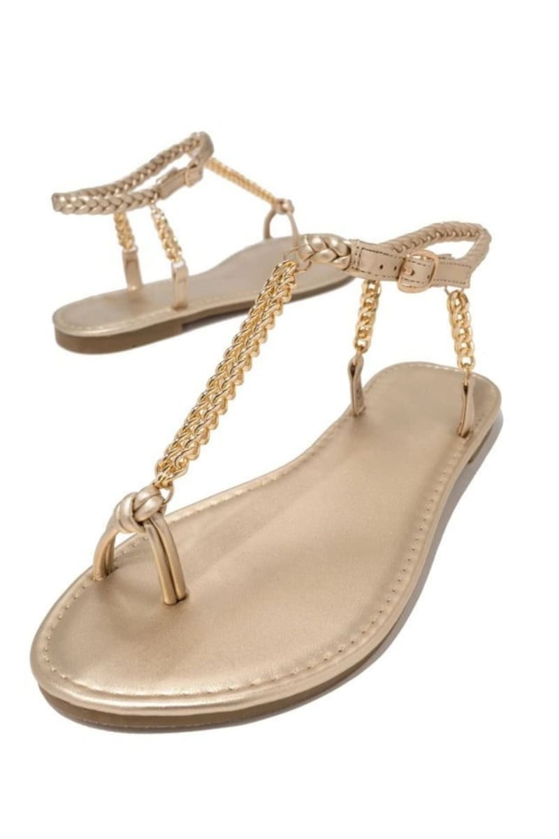 Gold Woven Ankle Straps Chain Flat Sandals Shoes