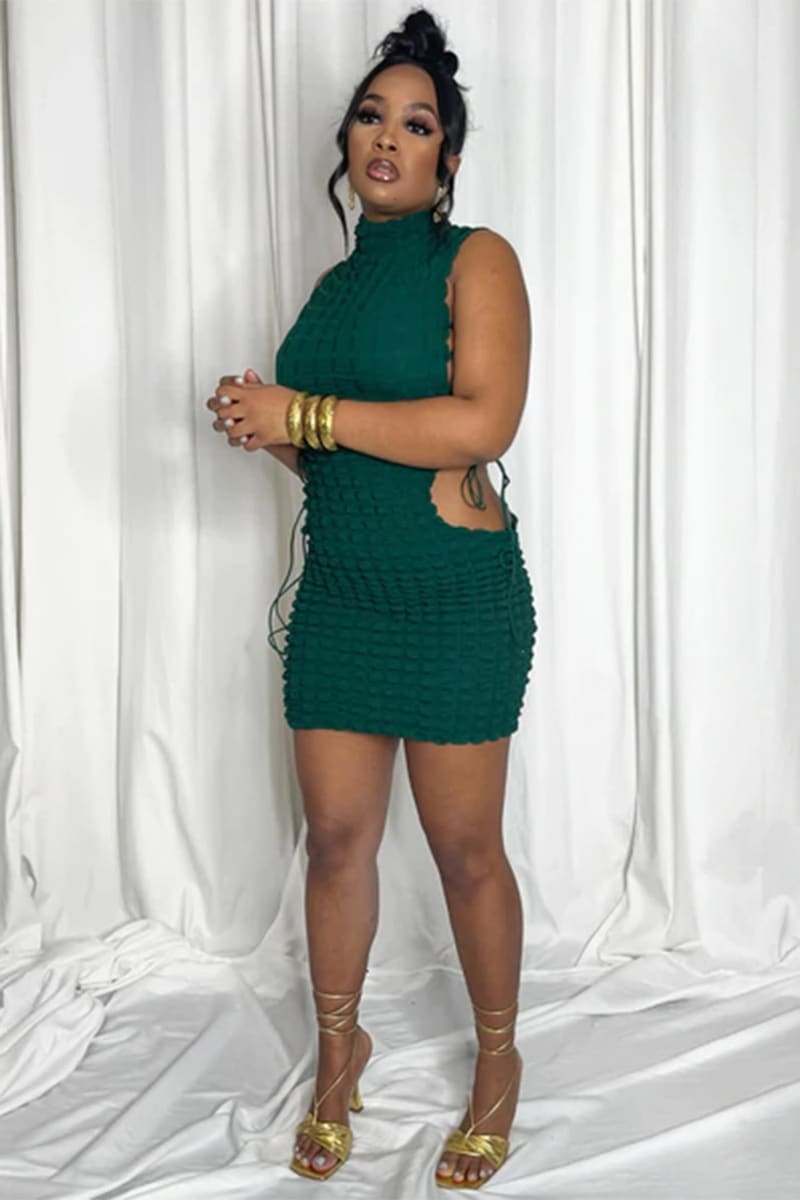 Green Bubble Fabric Lace-Up Turtleneck Short Dress IRHAZ Green Bubble Fabric Lace-Up Turtleneck Short Dress IRHAZ